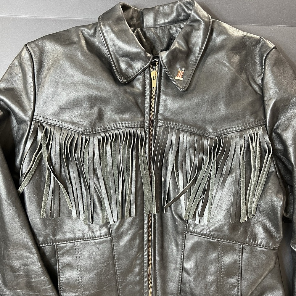 Protech Leather Jacket Fringed Black Women's 12 Fur Lined Made In USA Biker